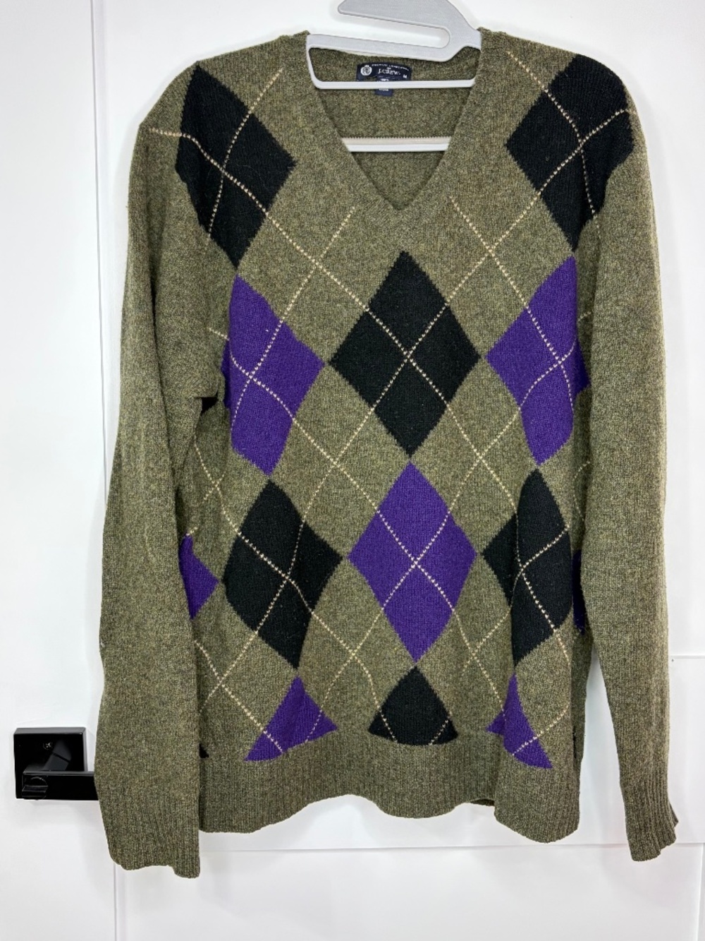 J.Crew Lambswool V-Neck Argyle Sweater Olive Green Purple Black Medium